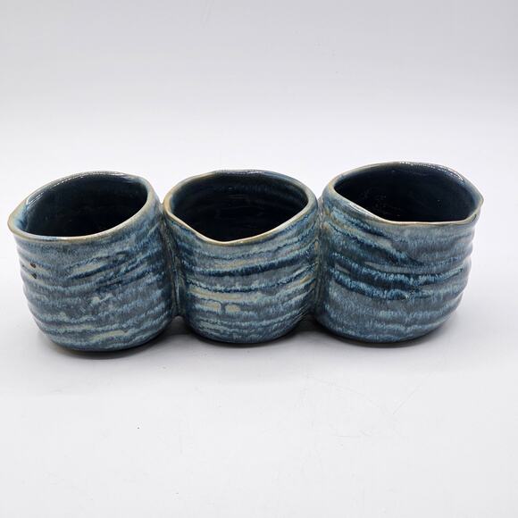 Handcrafted Vintage Studio Pottery Glazed Blue Swirl Ceramic Planter Trio - Picture 3 of 6